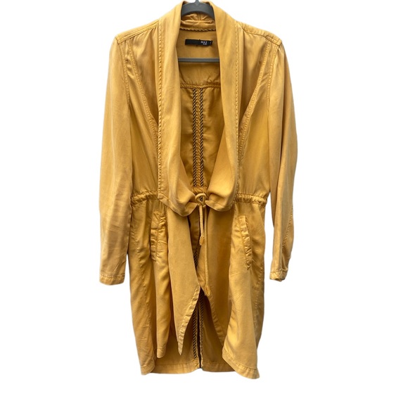 Max Jeans Draped Jacket in Mustard Yellow, Fall Trench Coat, Open Tie Front Coat - Picture 4 of 13